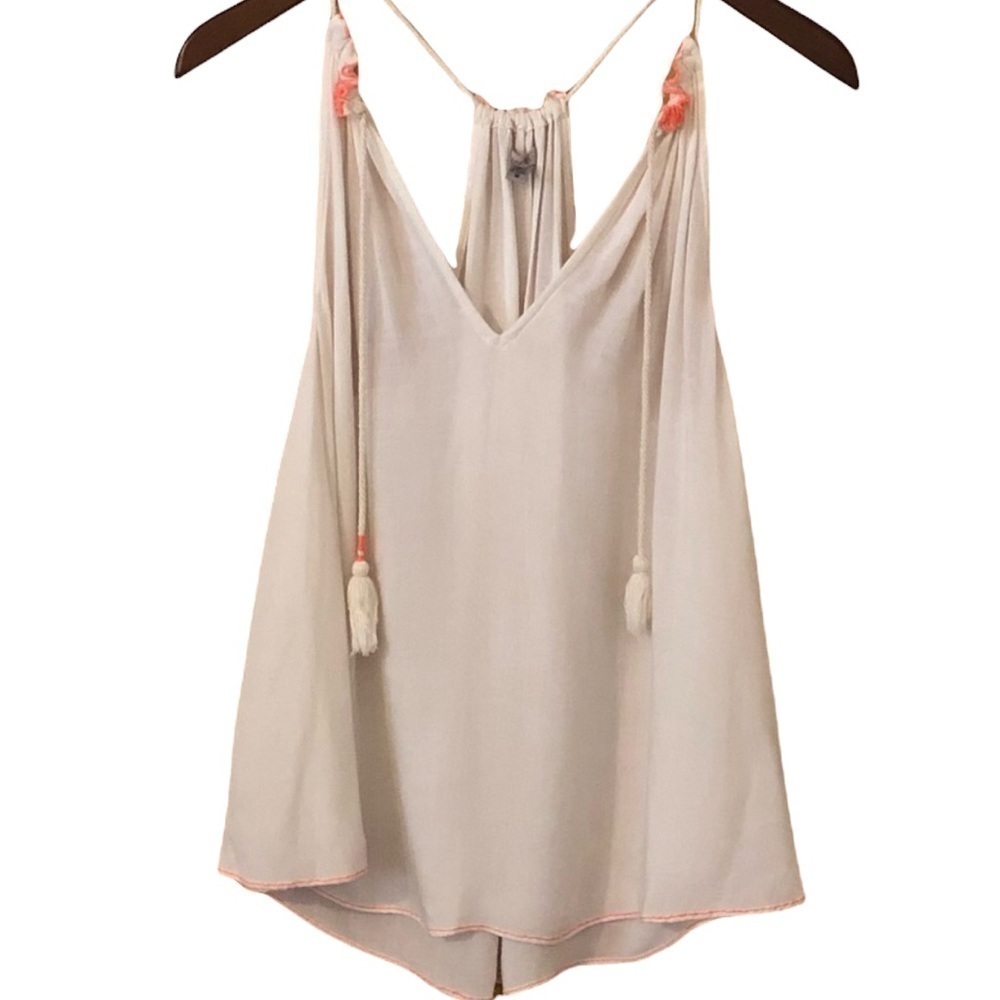 Urban Outfitters Cream Ecote Boho Racer Back Tassel Tank Top Vacation Resortwear